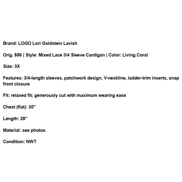 NWT LOGO Lori Goldstein Boho Lace Cardigan Coral 3/4 Sleeve Plus Size 3X Spring - Picture 7 of 7